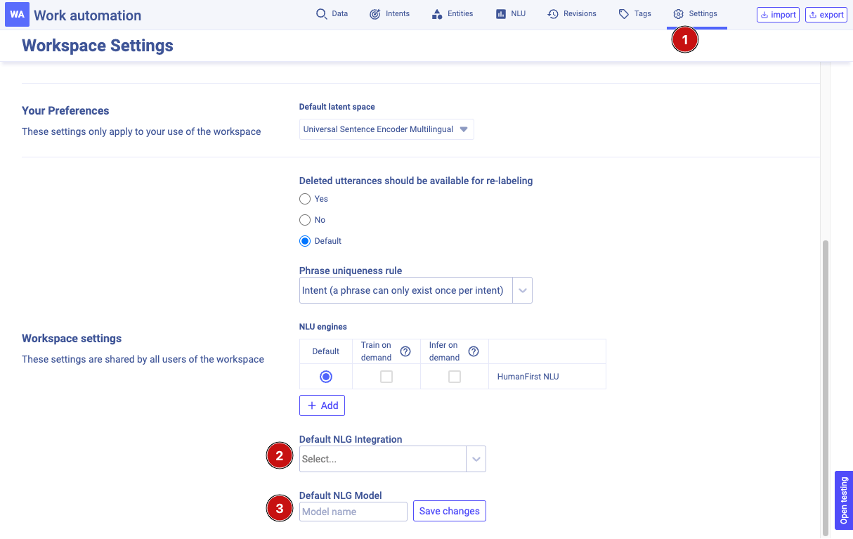 Workspace NLG settings